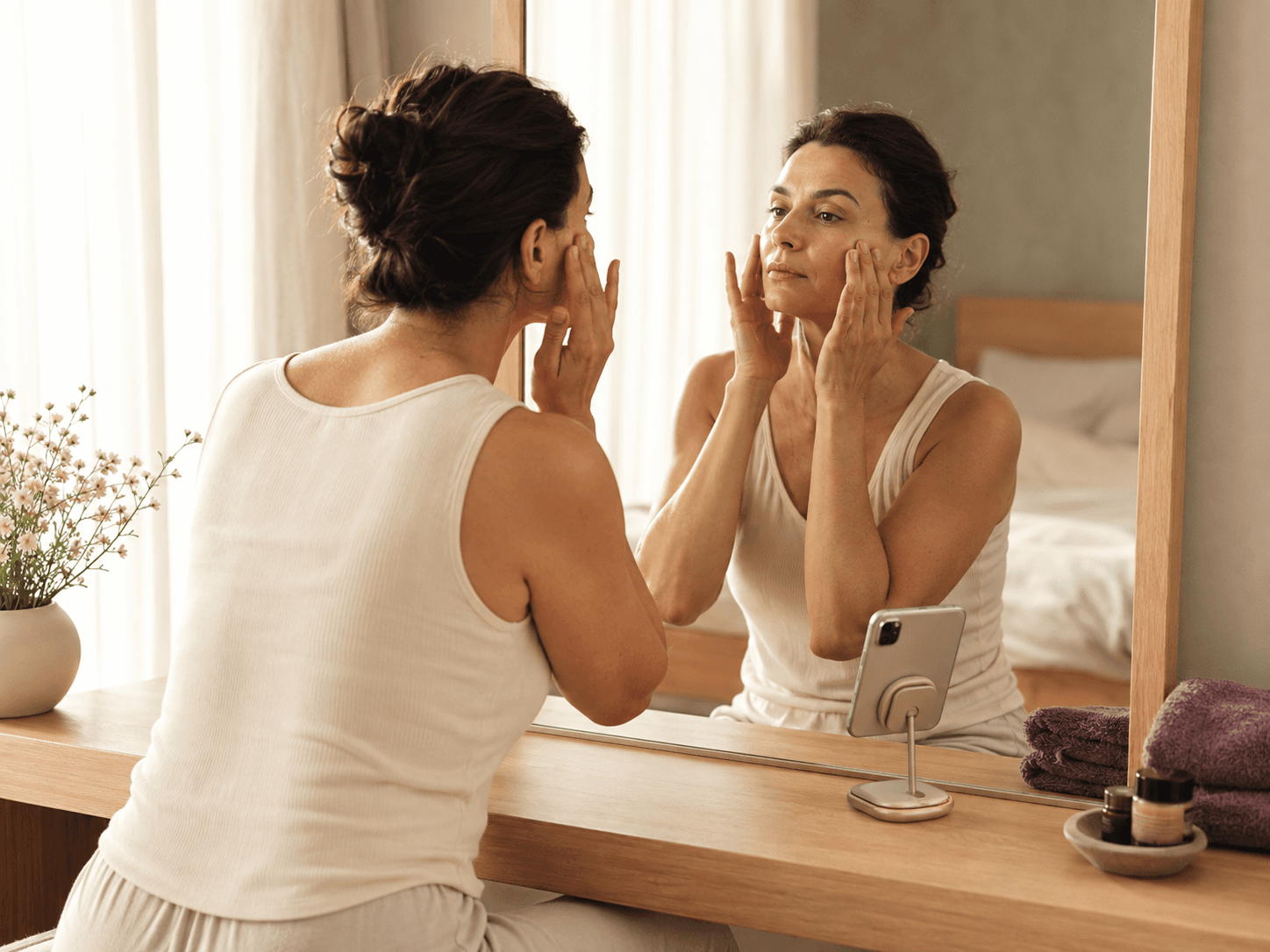 A woman taking a quiet moment for facial massage in front of her bedroom mirror